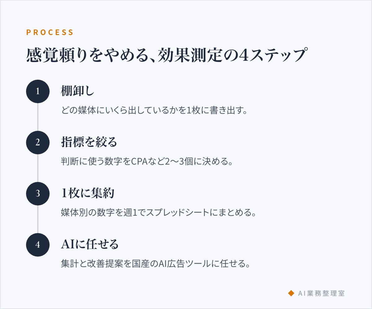 感覚頼りをやめる効果測定の4ステップ。棚卸し、指標を絞る、1枚に集約、AIに任せる