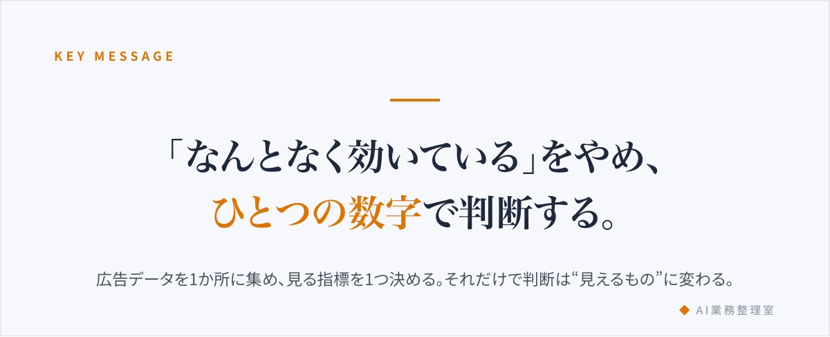 「なんとなく効いている」をやめ、ひとつの数字で判断する。広告データを1か所に集め、見る指標を1つ決めることが判断を変えるという記事の要点