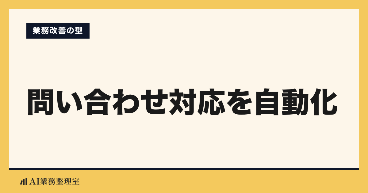 「問い合わせ対応を自動化」の見出しと「業務改善の型」のラベルを配した記事ヒーロー画像。淡いクリームの地に山吹色の枠、左下にAI業務整理室のロゴ