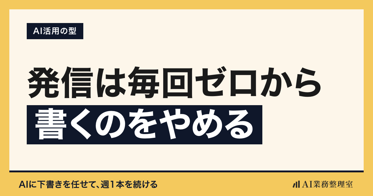 「発信は毎回ゼロから書くのをやめる」の見出しと「AI活用の型」のラベルを配した記事ヒーロー画像。山吹色の地に生成りのカード、左下にAI業務整理室のロゴ