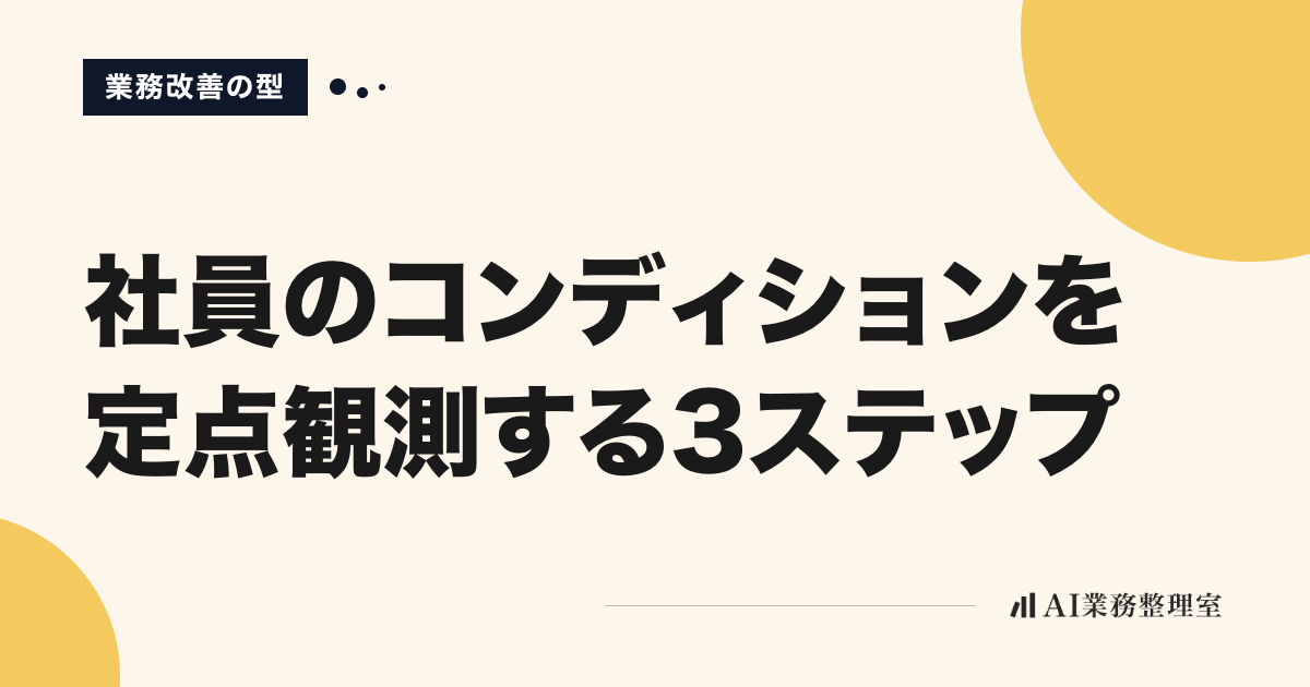 「社員のコンディションを定点観測する3ステップ」の見出しと「業務改善の型」のラベルを配した記事ヒーロー画像。淡いクリームの地に山吹色の円モチーフ、右下にAI業務整理室のロゴ