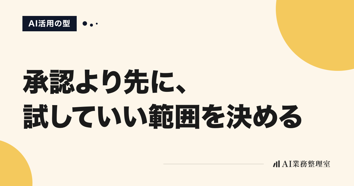 「承認より先に、試していい範囲を決める」の見出しと「AI活用の型」のラベルを配した記事ヒーロー画像。生成りの地に山吹色の円、右下にAI業務整理室のロゴ