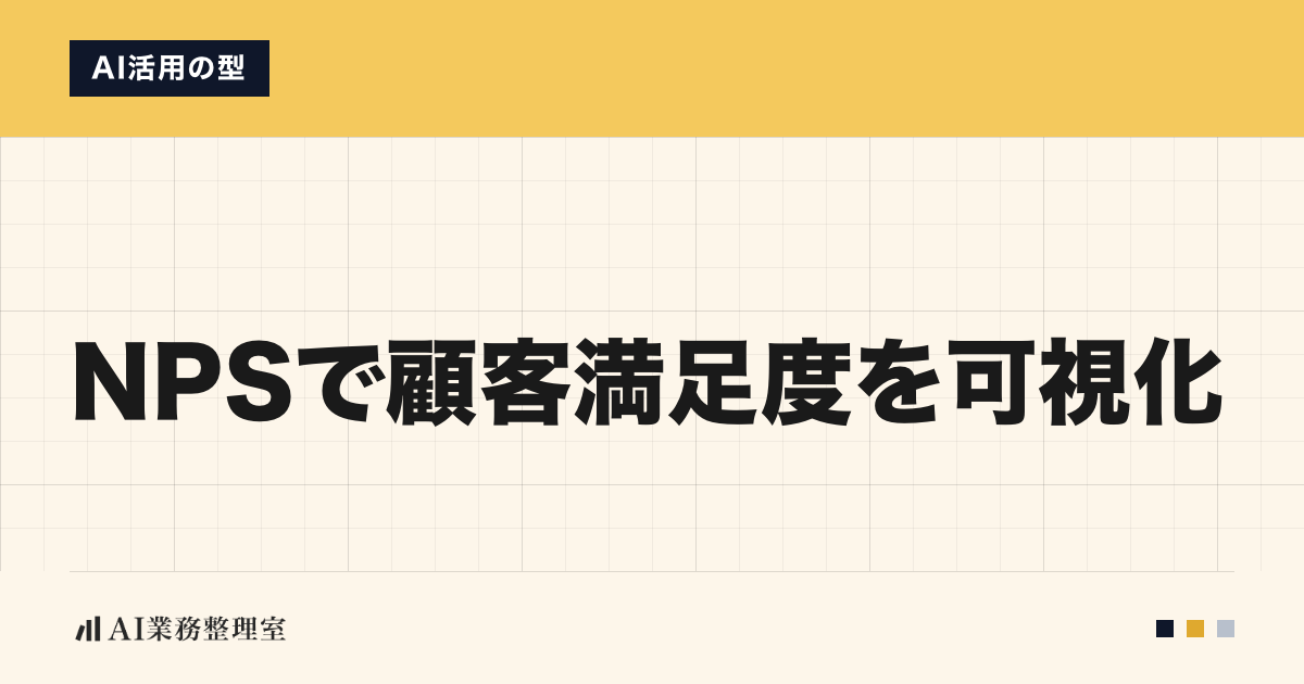 「NPSで顧客満足度を可視化」の見出しと「AI活用の型」のラベルを配した記事ヒーロー画像。上部に山吹色の帯、生成りの方眼地、左下にAI業務整理室のロゴ