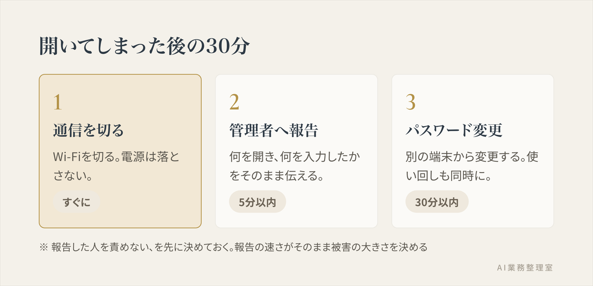 フィッシングメールを開いてしまった後の初動を示した図。通信を切る（すぐに）、管理者へ報告する（5分以内）、別の端末からパスワードを変更する（30分以内）の3つを、時間の目安とともに並べている
