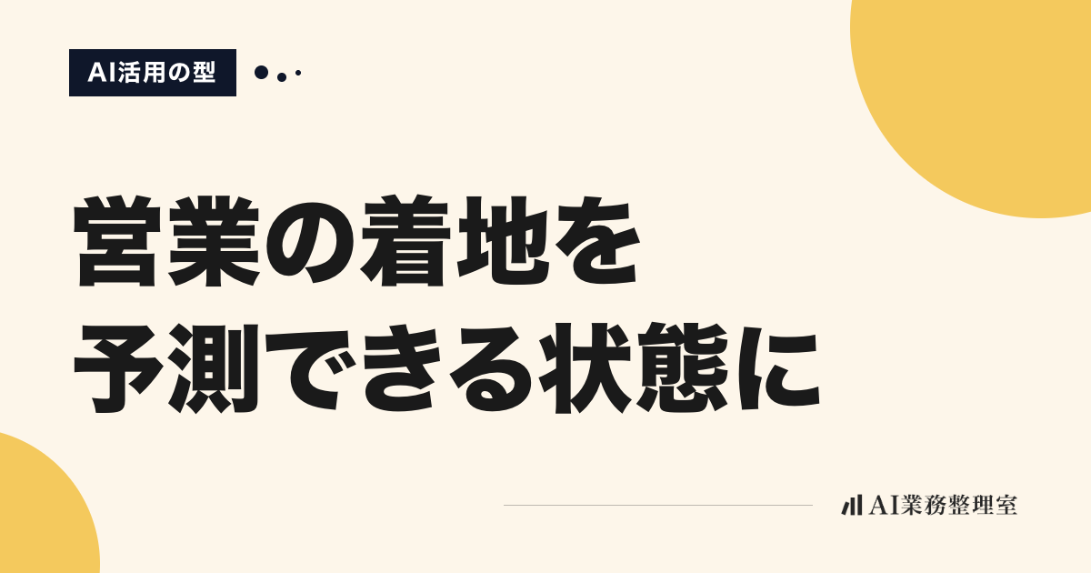 営業パイプラインの可視化をテーマにした記事ヒーロー画像。「AI活用の型」のラベルと、生成りの地に山吹色の帯、左下にAI業務整理室のロゴ