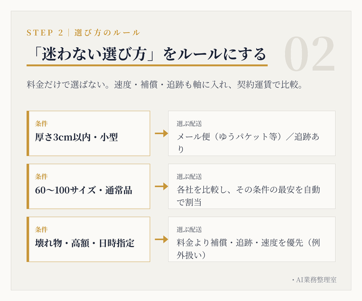 荷物のサイズ・重量・エリアの条件分岐から配送方法を選ぶ判定ルールの図。厚さ3cm以内・小型はメール便、60〜100サイズの通常品は条件ごとの最安を自動割当、壊れ物・高額・日時指定は料金より補償・追跡・速度を優先する例外扱い、と3つの条件を並べている
