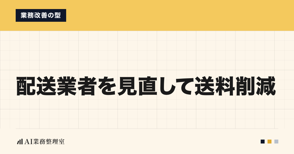 「配送業者を見直して送料削減」の見出しと「業務改善の型」のラベルを配した記事ヒーロー画像。淡いクリームの方眼地に山吹色の帯、左下にAI業務整理室のロゴ