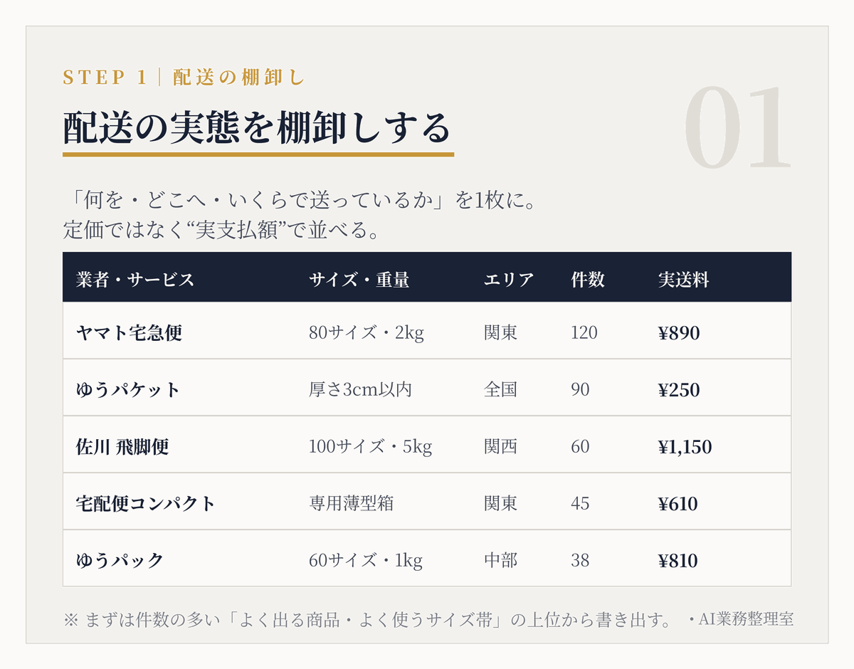 配送業者・サービス名、サイズと重量、お届けエリア、月間件数、実際に支払った送料を1枚のスプレッドシートに棚卸しした表。ヤマト宅急便・ゆうパケット・佐川飛脚便・宅配便コンパクト・ゆうパックの5行を、定価ではなく実支払額で並べている