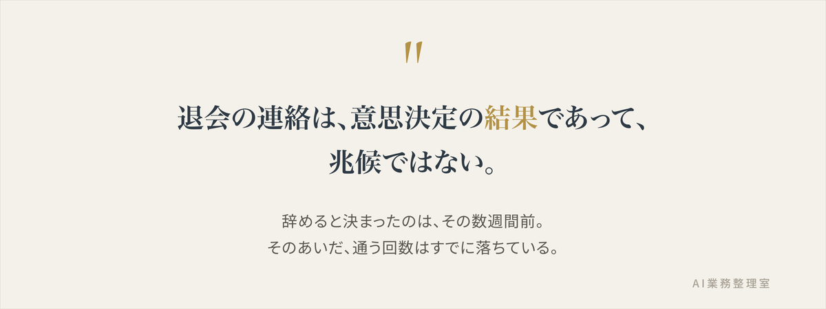 「退会の連絡は、意思決定の結果であって兆候ではない。決まったのは数週間前で、そのあいだ通う回数はすでに落ちている」という記事の核となる主張を示したカード