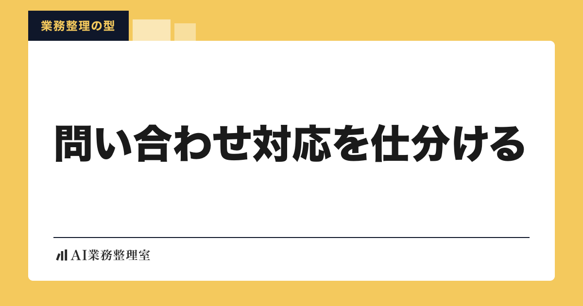 「問い合わせ対応を仕分ける」の見出しと「業務整理の型」のラベルを配した記事ヒーロー画像。淡いクリームの地に山吹色の枠、左下にAI業務整理室のロゴ